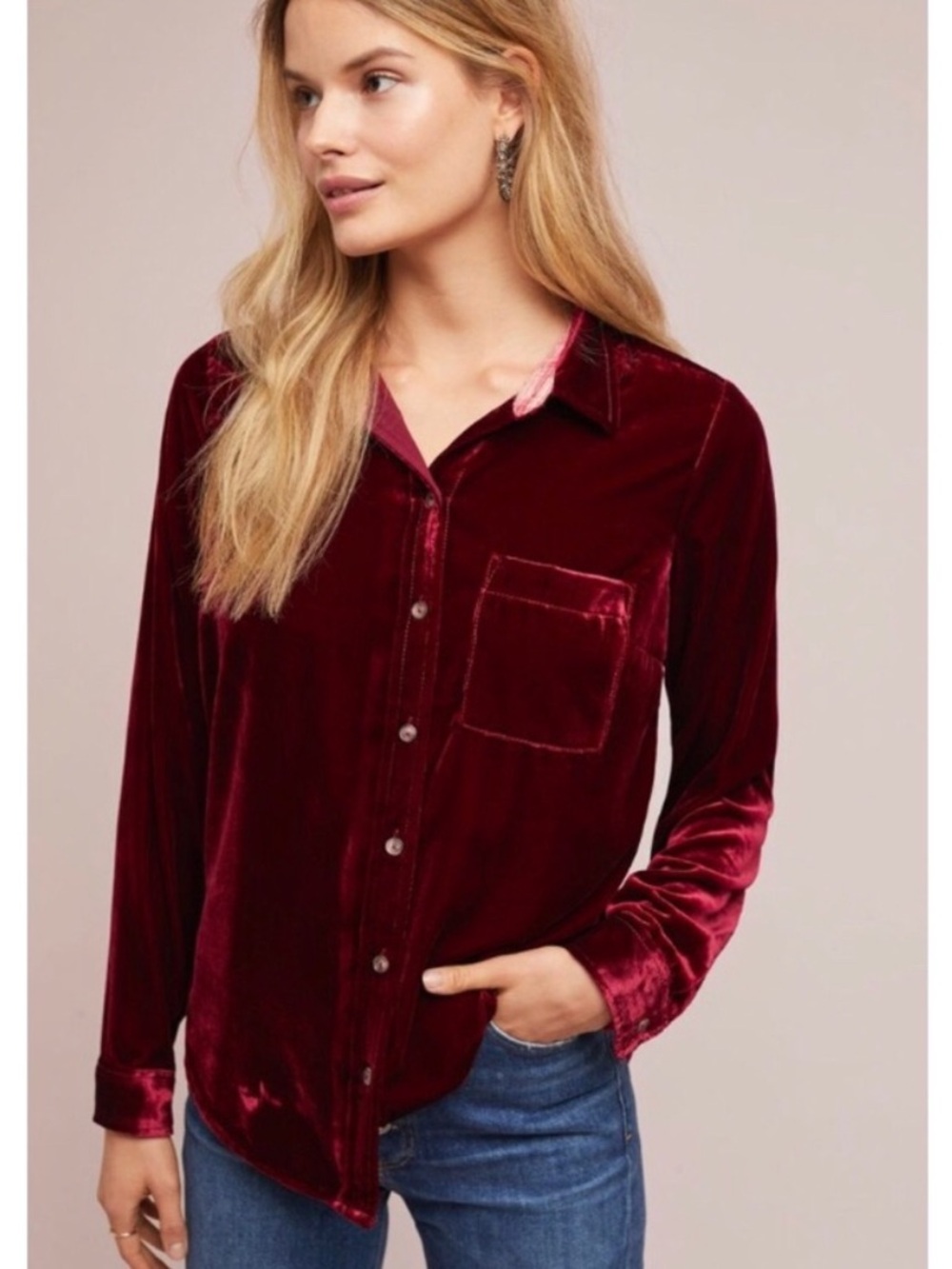 Anthropologie Maeve Karina Velvet Button Down Shirt in Rouge Size 14